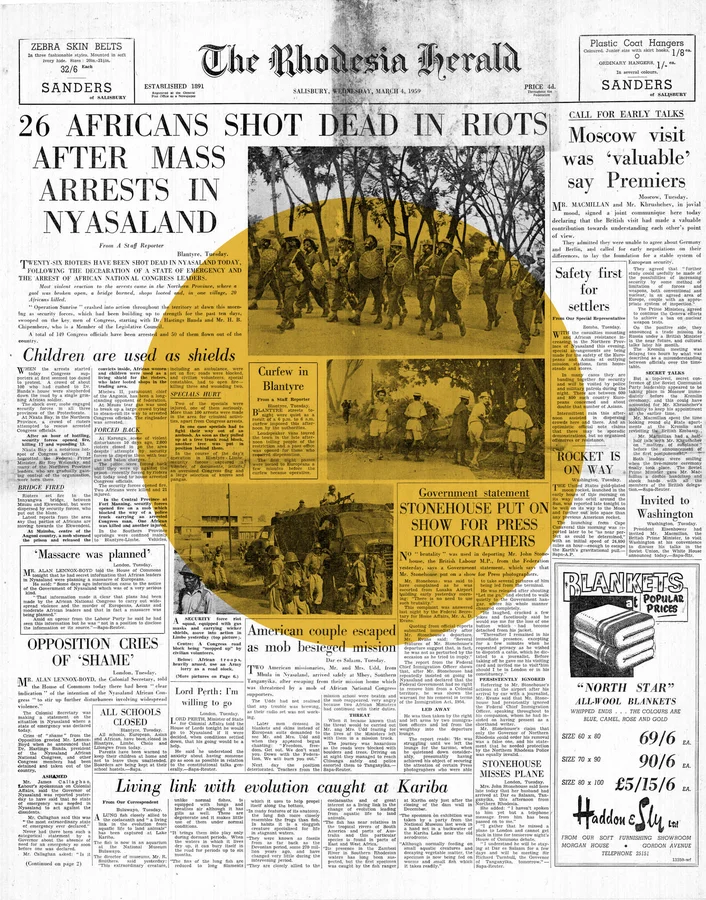 Front page of The Rhodesia Herald, Wednesday 4 March 1959, Salisbury. Headline: '26 Africans Shot Dead in Riots After Mass Arrests in Nyasaland'. From the Abantu Archives collection.