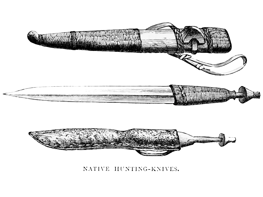 Vintage engraving of three native hunting knives with sheaths and handles. Source: Flickr Commons (public domain).
