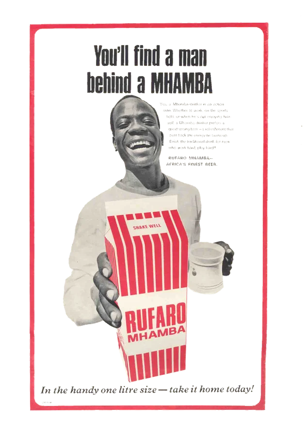 Rufaro Mhamba beer advertisement poster, Rhodesia. 'You'll find a man behind a Mhamba — Africa's finest beer.' Archival ephemera from the Abantu Archives collection.